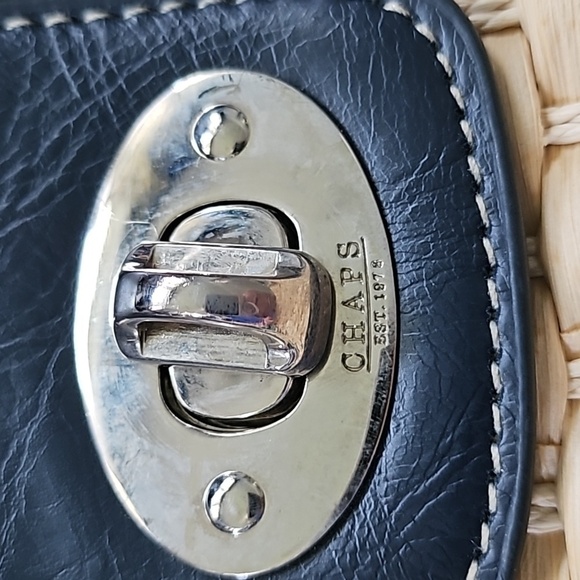 Chaps Tan Woven Purse with Navy Blue and Green Trim and Silver Tone Hardware - Picture 9 of 14